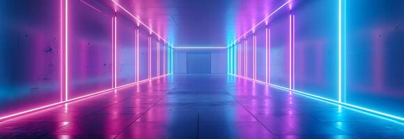 Futuristic neon-lit corridor with reflections on shiny floor. Concept of modern architecture, vibrant atmosphere, urban design, nightlife. Banner photo