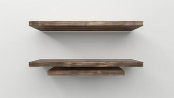 Modern wooden floating empty shelves on a white wall. Home decor and furniture. Concept of interior design, organization, minimalism, storage. Copy space. Mockup photo