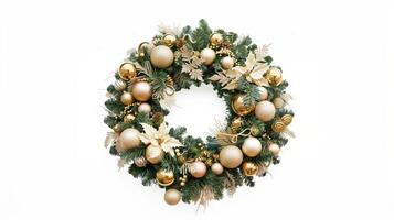 Christmas wreath decorated with gold ornaments on a white background. Holiday decor. Concept of festive decoration, holiday season, Christmas celebration, ornamental design photo
