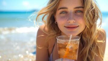 Woman on a beach sipping an orange drink, enjoying the sun. Refreshing summer cocktail in hand of a beach visitor. Concept of leisure activities, beach relaxation, summer vibes, and refreshing moments photo