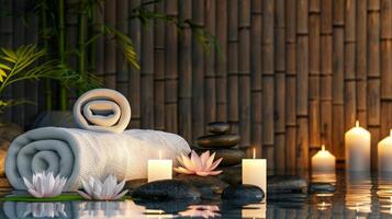 Elegant spa setting with lit candles, flowers, towels, smooth stones. Calming wellness retreat for relaxation. Concept of luxury Thai spa, tranquility, indulgence. Banner. Space for text photo