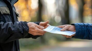 Person handing an advertising flyer to another. Exchange of promotional material. Concept of direct marketing, promotion, and interaction. photo