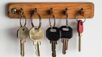 Diverse collection of keys hanging on a wooden key rack. Concept of organization, security, home utilities, key holder, car keys photo
