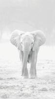High-key portrait of an baby elephant in a serene white setting. Soft-focused cute elephant captured in a monochrome white landscape. Concept of peace, minimalism, and wildlife elegance. Vertical. photo