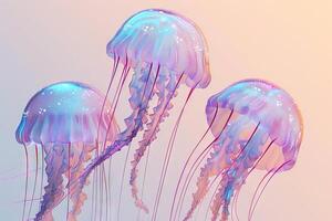 Jellyfish with pink and green colors are floating in the oceanic water. Light backdrop. photo
