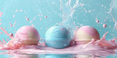 Bath bomb with splashes and swirls. A display of spa essentials. Concept of bath luxury, relaxation photo