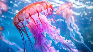 Illuminated jellyfish in a sunlit underwater scene. Glowing aquatic depiction. Concept of deep-sea beauty, marine life, and radiant ecosystems. Medusa photo