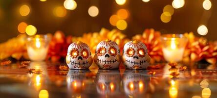Three sugar skulls with candles and marigolds for Day of the Dead. Sugar skulls in a festive Dia de los Muertos scene. Concept of celebration, tradition, culture, festivity. Halloween. Copy space photo