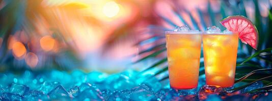 Refreshing tropical cocktail against blurred tropical background. Vibrant drink in natural setting. Concept of summer drinks, refreshing beverages, exotic cocktails, leisure. Banner. Space for text photo