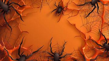 Black spiders on orange background with spiderwebs. Halloween theme, spooky design, darkness, eerie mood. Banner. Copy space photo