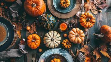 Autumn-themed table setting with pumpkins and leaves. Concept of fall decoration, harvest celebration, rustic dining, festive arrangement. Top view photo