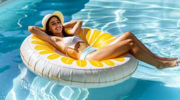 Smiling woman relaxing on a sunflower float in the pool. Happy female lounging in inflatable ring on water. Concept of summer, leisure, relaxation, swimming pool activities photo