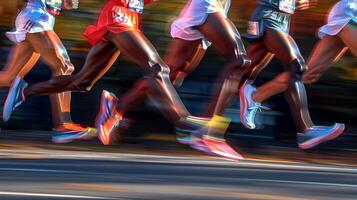 Runners competing in a marathon race. Athletes participating in a long-distance race. Concept of endurance, competition, athleticism, and teamwork photo