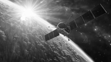 Black and white illustration of a satellite orbiting Earth in space. Concept of satellite technology, space exploration, outer space, cosmic journey photo