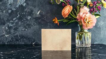Blank white card with vibrant flower arrangement. Fresh bouquet and empty paper mockup for text. Concept of invitation template, mock up design, greetings. Copy space photo