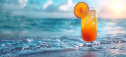 Refreshing tropical cocktail against blurred ocean backdrop Vibrant drink in natural setting. Concept of summer drinks, refreshing beverages, exotic cocktails, leisure. Banner. Space for text photo