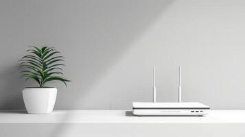 Modern white Wi-Fi router with two antennas placed on a white desk. Minimalistic interior with a green potted plant. Concept of technology, home office, connectivity, internet. Copy space photo