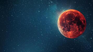 Red moon glowing in a starry sky. Crimson lunar surface amidst stars. Concept of space, astronomy, celestial phenomena, beauty. Copy space photo