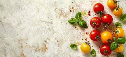 Fresh red and yellow cherry tomatoes with basil leaves on marble background. Food, healthy eating, colorful vegetables, culinary concept. . Banner. Copy space photo