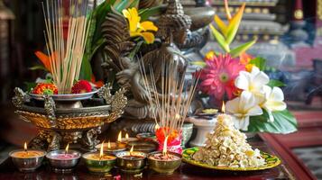 Traditional Thai temple altar with offerings. Incense, flowers, and candles arranged for merit-making. Concept of Visakha Bucha Day, religious practices, Buddhist rituals photo