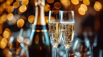 Champagne flutes with sparkling wine on a festive background. Elegant celebration setting with golden lights. Concept of luxury, celebration, and New Year's Eve photo