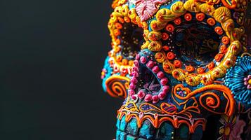 Colorful sugar skull close up with intricate floral patterns. Vibrant calavera with flower designs. Concept of Day of the Dead, Mexican culture, traditional crafts, Halloween. Banner. Copy space photo