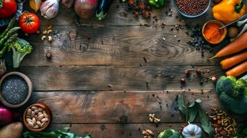 Fresh assorted vegetables on rustic wooden table. Healthy food, organic produce, culinary ingredients, natural cooking concept. Copy space photo