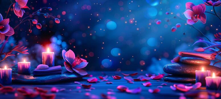 Luxurious spa setting with orchids and towels under soft candlelight. Relaxing and opulent environment. Concept of luxury wellness, soothing atmosphere, and elegant design. Banner. Copy space photo