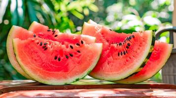Fresh watermelon slices on a wooden table. Ripe watermelon segment on a wooden surface. Concept of summer, freshness, fruit, outdoor picnic photo
