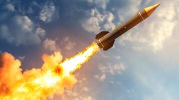 Rocket launching into the sky surrounded by clouds and fire Concept of space exploration, innovation, technology, and progress photo