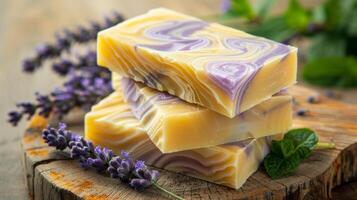 Stack of freshly cut, homemade soap bars with swirls of lavender and mint, placed on wooden surface. Aromatic herbal soap. Concept of soothing skincare, natural wellness, fragrant bath products. photo