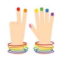 Illustration of hands with painted nails and bracelets in the symbolic rainbow colors of the lgbtq community. Conceptual symbol of sexual orientation. vector