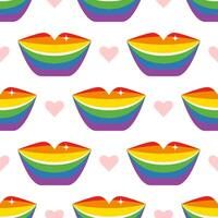A simple seamless lip pattern in the symbolic colors of the LGBTQ community. Retro groovy style. vector