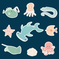 A set of stickers of the inhabitants of the seas and oceans. Shark, stingray, jellyfish, seashell, starfish, fish. vector