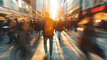 Man in motion blur on a crowded city avenue. Fast-moving urban environment. Concept of bustling city life, speed, daily commute, and vibrant urban atmosphere. photo