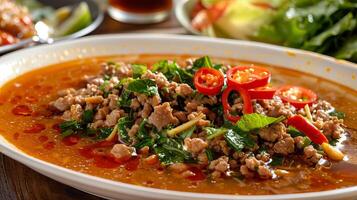 Larb Moo, traditional Thai dish, featuring minced pork, chili, fresh herbs in bowl. Thai cuisine. Concept of Asian culinary, traditional recipes photo