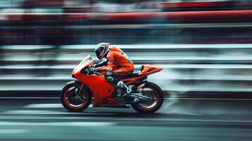 exceso de velocidad motocicleta corredor en lleno engranaje en alto rendimiento bicicleta en un pista. concepto de velocidad, deportes de motor, carreras competencia, emoción foto