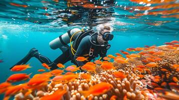 Underwater scene with a diver swimming near a coral reef filled with tropical fish. Colorful ocean ecosystem. Concept of scuba diving, marine exploration, and aquatic wildlife. photo