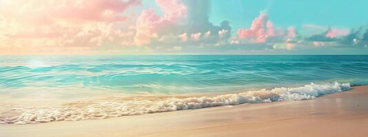 Tranquil beach with turquoise waves and soft pink clouds. Calm seashore with colorful sky and clear waters. Concept of nature, relaxation, tropical destinations, vacation. Wide banner. Copy space photo