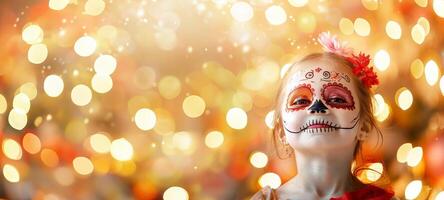 Girl with festive sugar skull face paint on bokeh background. Child with artistic Dia de los Muertos makeup. Concept of Mexican culture, Halloween celebration, and vibrant tradition. Copy space photo