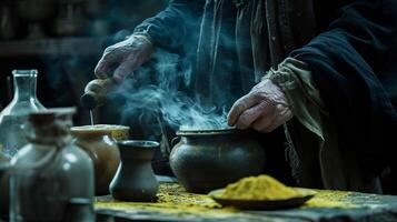 Medieval potion-making scene with a witch grinding herbs and steam rising. Concepts of witchcraft, alchemy, ancient science, historical medicine, mystical brewing photo