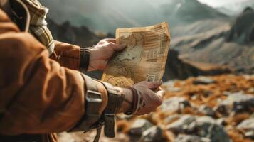 Caucasian male adventurer consulting a vintage map in rugged mountains. Man exploring with an old map. Concept of adventure, exploration, travel, and navigating natural landscapes. photo