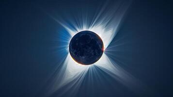 Solar eclipse over dark sky with glowing corona. Moon blocks the sun casting a dramatic silhouette. Concept of astronomy, celestial event, natural phenomenon, cosmic wonder photo