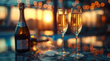 Two glasses of champagne amidst golden glitter and lights. Celebratory toast with bubbly champagne. Concept of festivity, sophistication, New Year's Eve, Christmas. Copy space. photo
