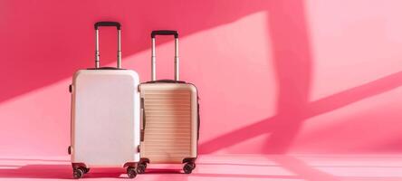 Two modern pink luggage sets on a pink background. Two suitcases ready for travel. Concept of travel, vacation, simple design, journey preparation, minimalist. Wide Banner. Copy space photo
