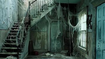 Abandoned house with cobwebs and decay. Haunted old building interior. Concept of neglect, deterioration, spooky atmosphere, history, Halloween atmosphere photo
