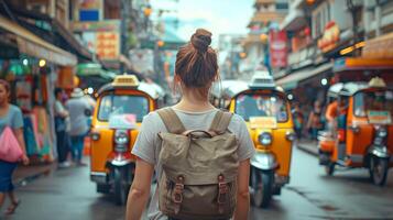 caucásico hembra turista explorador un bullicioso tailandés calle mercado. joven mujer con mochila en urbano tailandia concepto de turismo, viajar, y cultural inmersión. foto