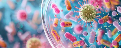 Petri dish with colorful bacteria and viruses on a blue background. Microbial culture in a laboratory setting. Microbiology, science, lab research, pathogens concept. Copy space photo
