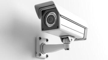 Modern surveillance camera on a white background. Security device concept for monitoring, public safety, and crime prevention. Close-up view of advanced technology. Isolated on white photo