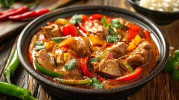 Thai red curry with duck served in a bowl, garnished with basil and bell peppers. Spicy national Thai dish. Concept of Asian cuisine, culinary, traditional recipes, exotic photo